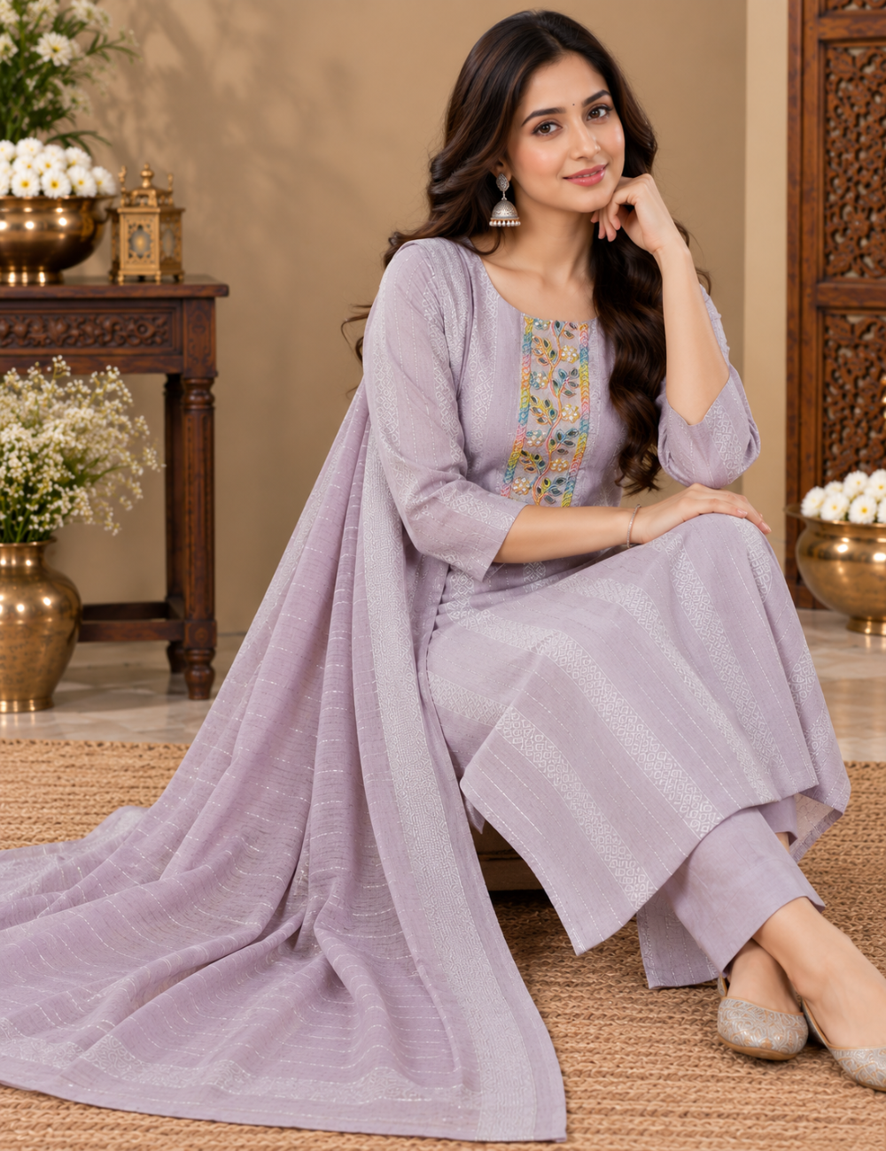 Lavender-Grey Shimmer Striped Cotton 3-Piece Suit Set with Embroidered Yoke & Matching Dupatta HC3P26