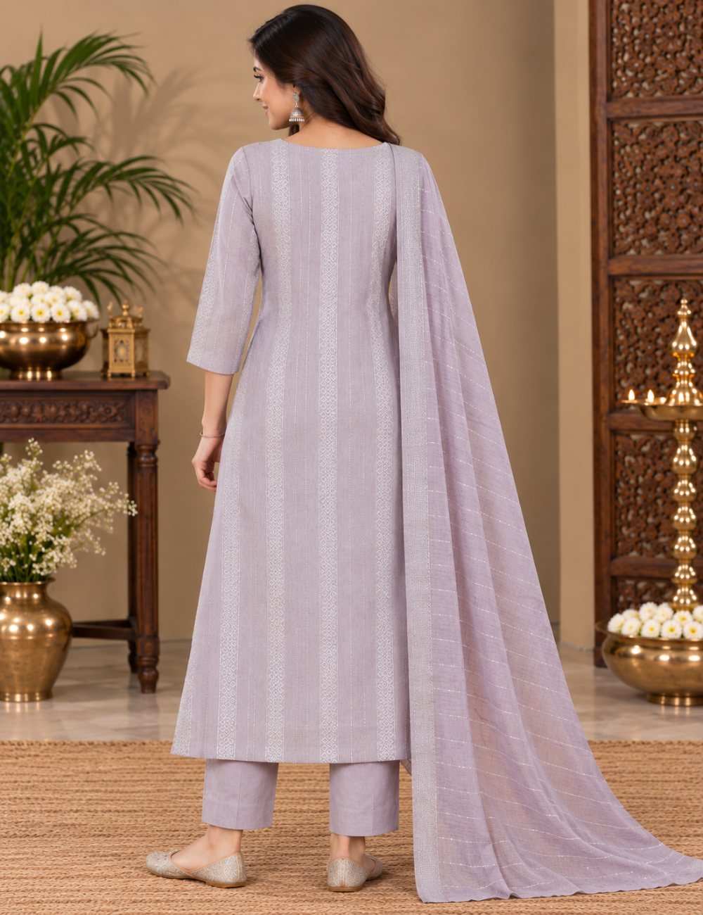 Lavender-Grey Shimmer Striped Cotton 3-Piece Suit Set with Embroidered Yoke & Matching Dupatta HC3P26