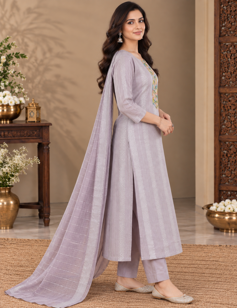Lavender-Grey Shimmer Striped Cotton 3-Piece Suit Set with Embroidered Yoke & Matching Dupatta HC3P26