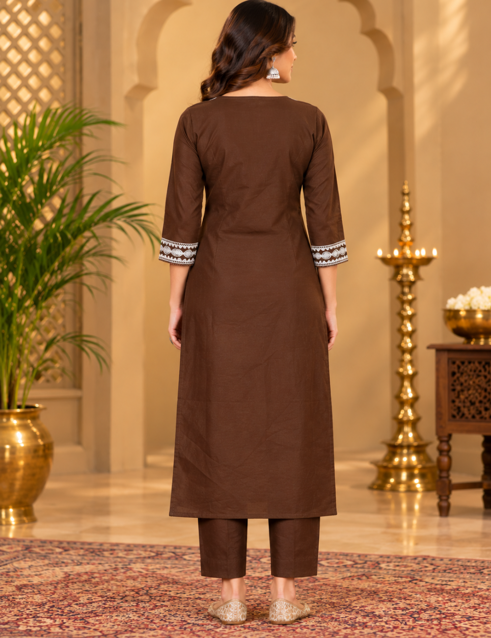 Dark Cocoa Cotton 3-Piece Set: White Thread Yoke & Cuff Embroidery & Embellished Dupatta HC3P25