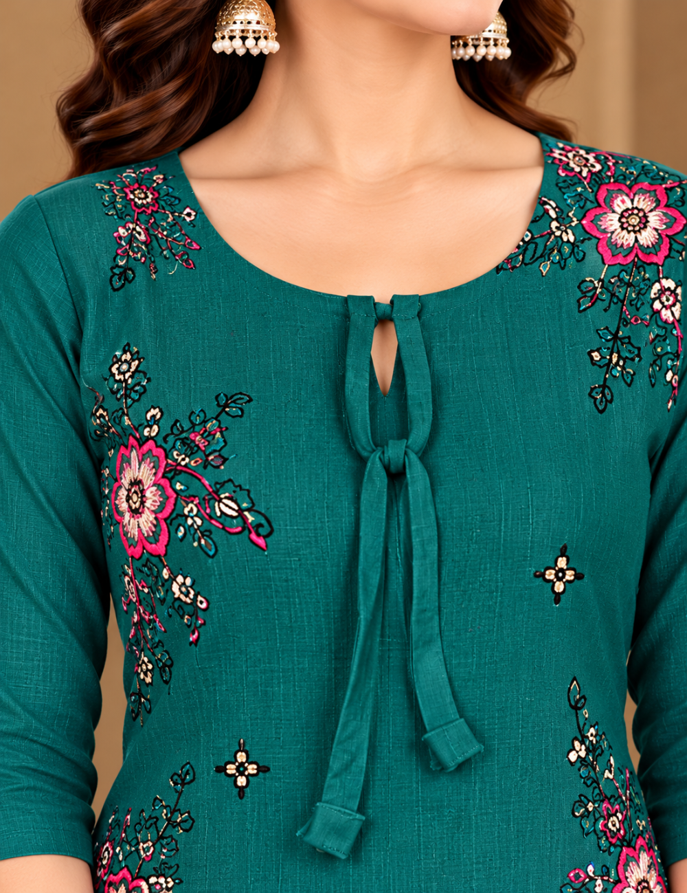 Teal Green Vatican Side Cut Kurti with Pink Floral Embroidery and Tie-Up Neck HCK14