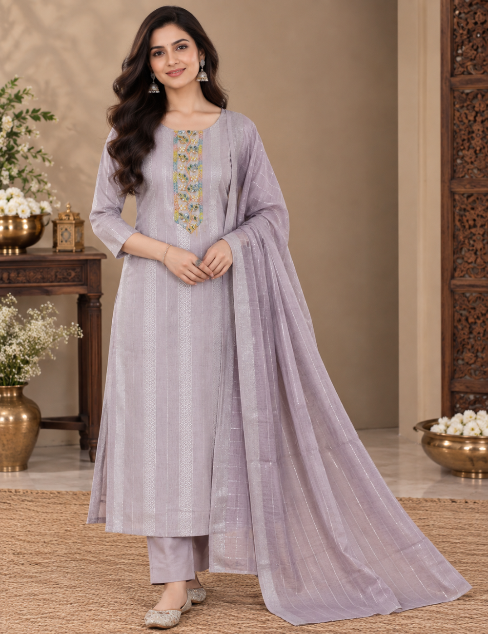 Lavender-Grey Shimmer Striped Cotton 3-Piece Suit Set with Embroidered Yoke & Matching Dupatta HC3P26
