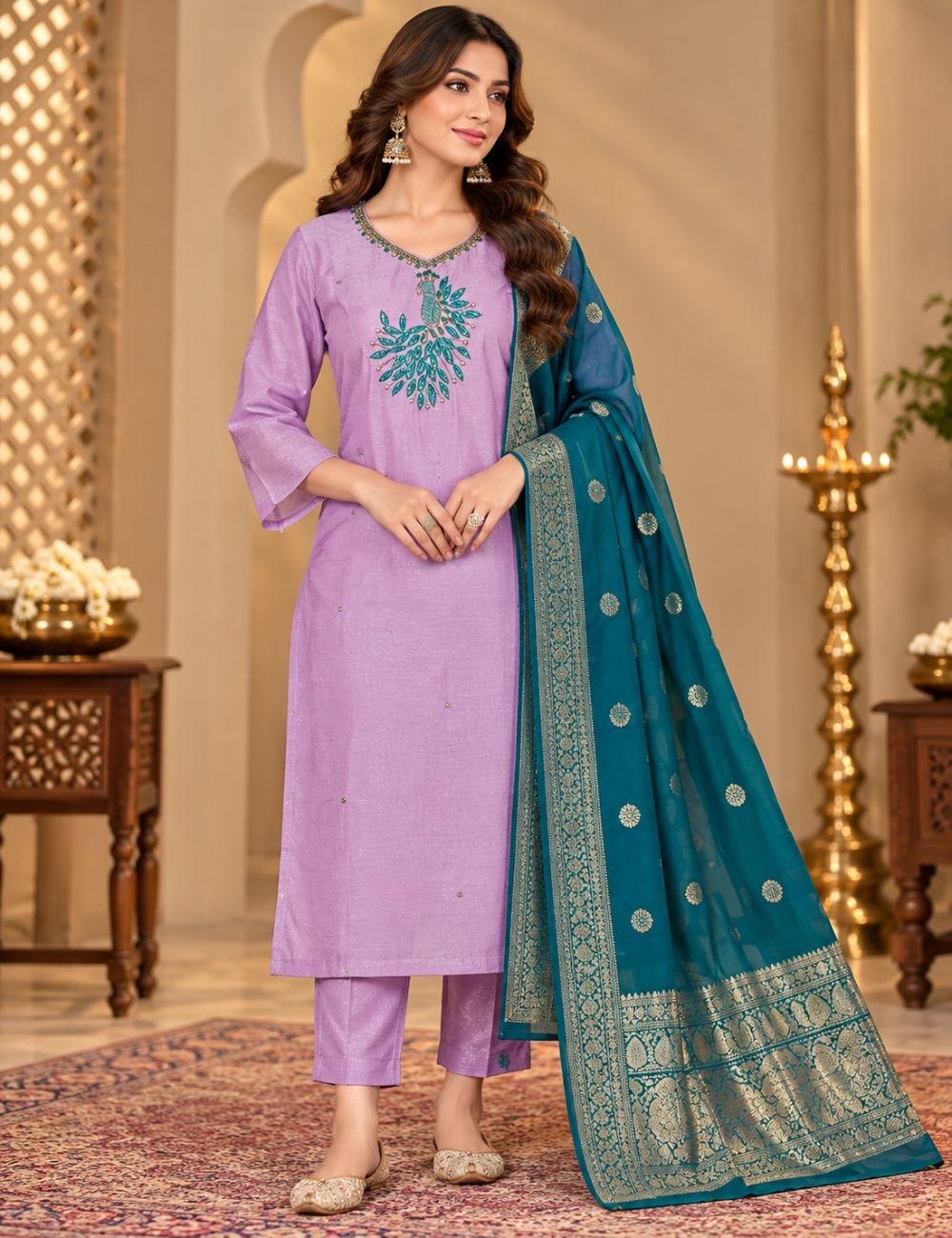 Pastel Voilet Roman Silk 3-Piece Kurti Set: Peacock Motif Embroidery & Zari-Bordered Dupatta HC3P11