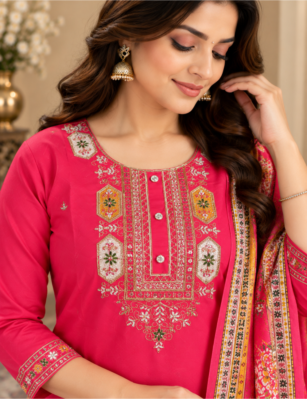Vibrant Pink Embroidered Roman Silk 3-Piece Ethnic Suit Set with Floral Dupatta HC3P19