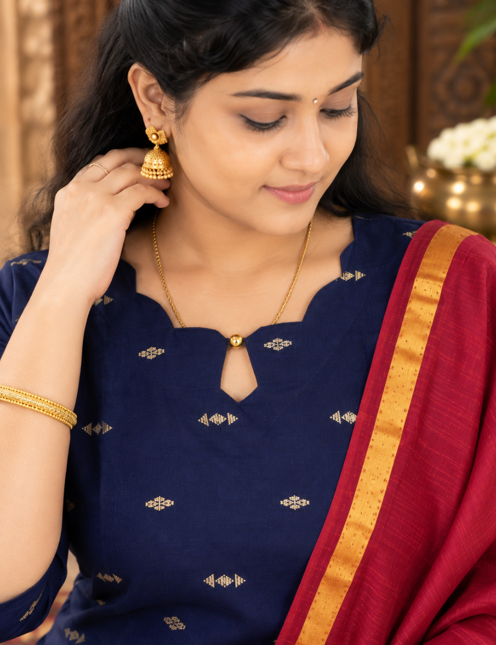 Navy Blue Raw Silk 3-Piece Set: Scalloped Neckline & Contrast Dupatta HC3P36