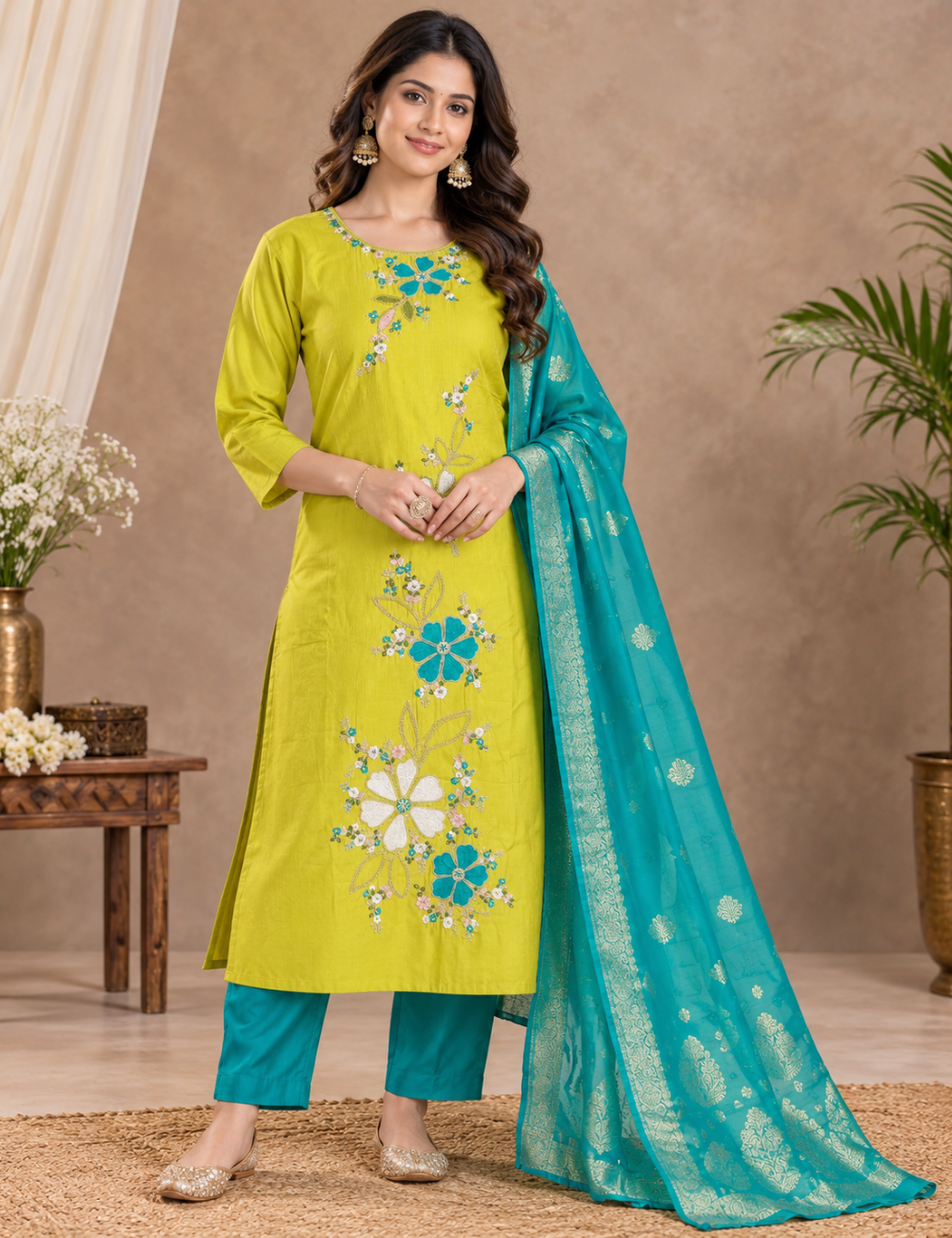 Lime Green & Teal Vatican 3-Piece Suit Set with Hand-Embroidered Floral Yoke & Contrast Banarasi-Style Dupatta HC3P09