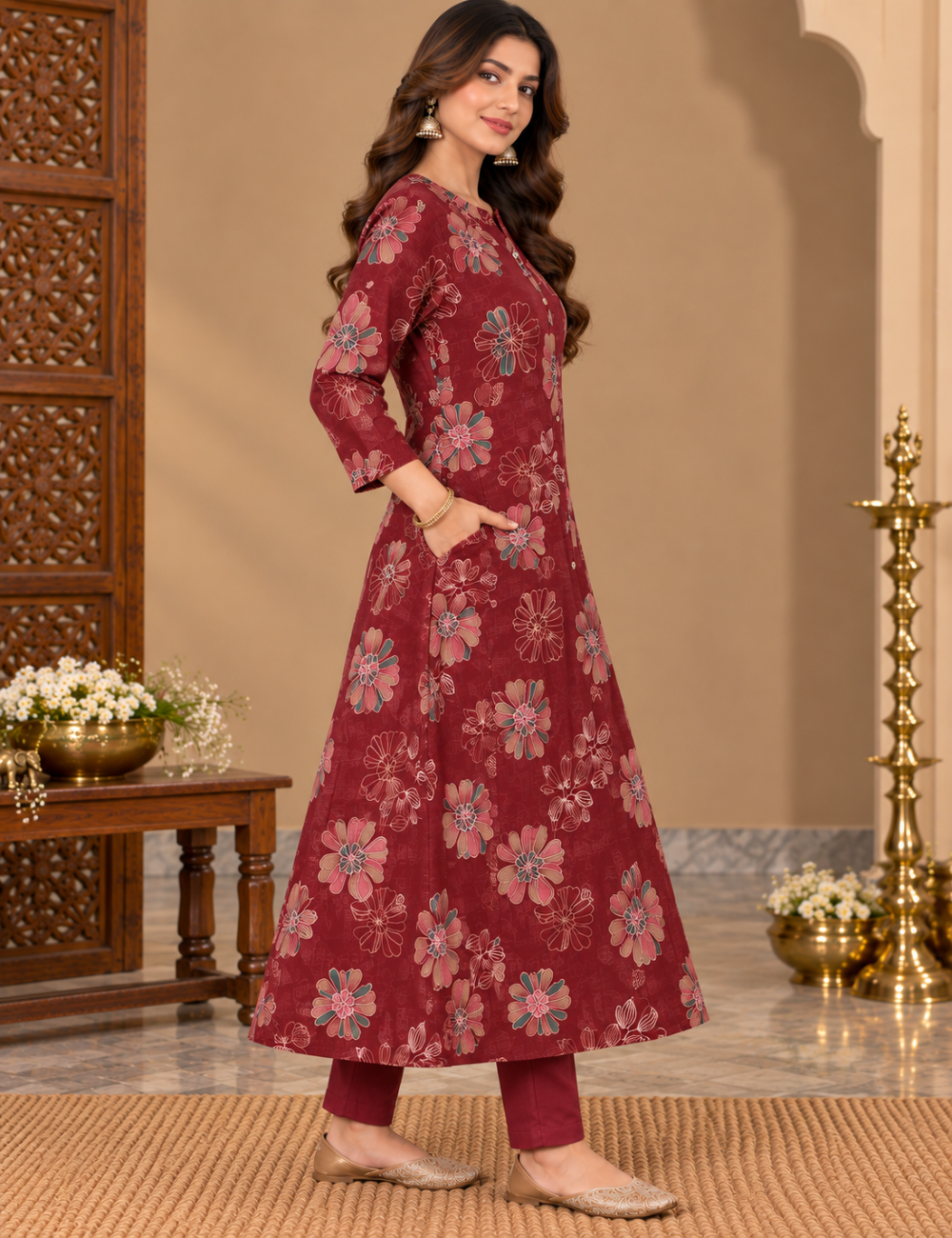 Vatican 2 Piece Floral Printed 3/4-Sleeve Kurti Set with Mandarin Collar, Button Placket, and Matching Trousers HC2P07