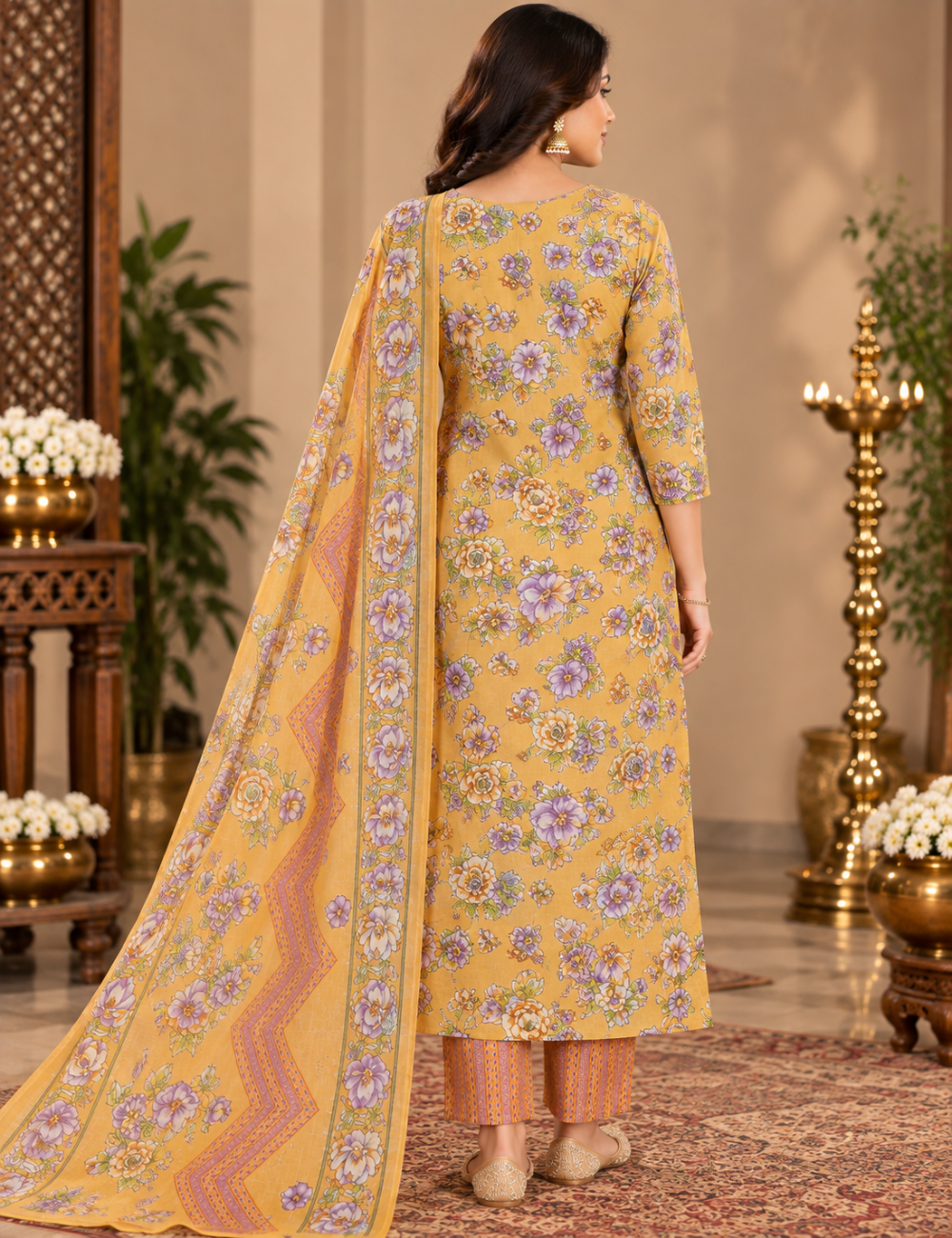 Orange Floral Printed Cotton 3-Piece Suit Set with Mirror-Work Yoke and Matching Dupatta HC3P33