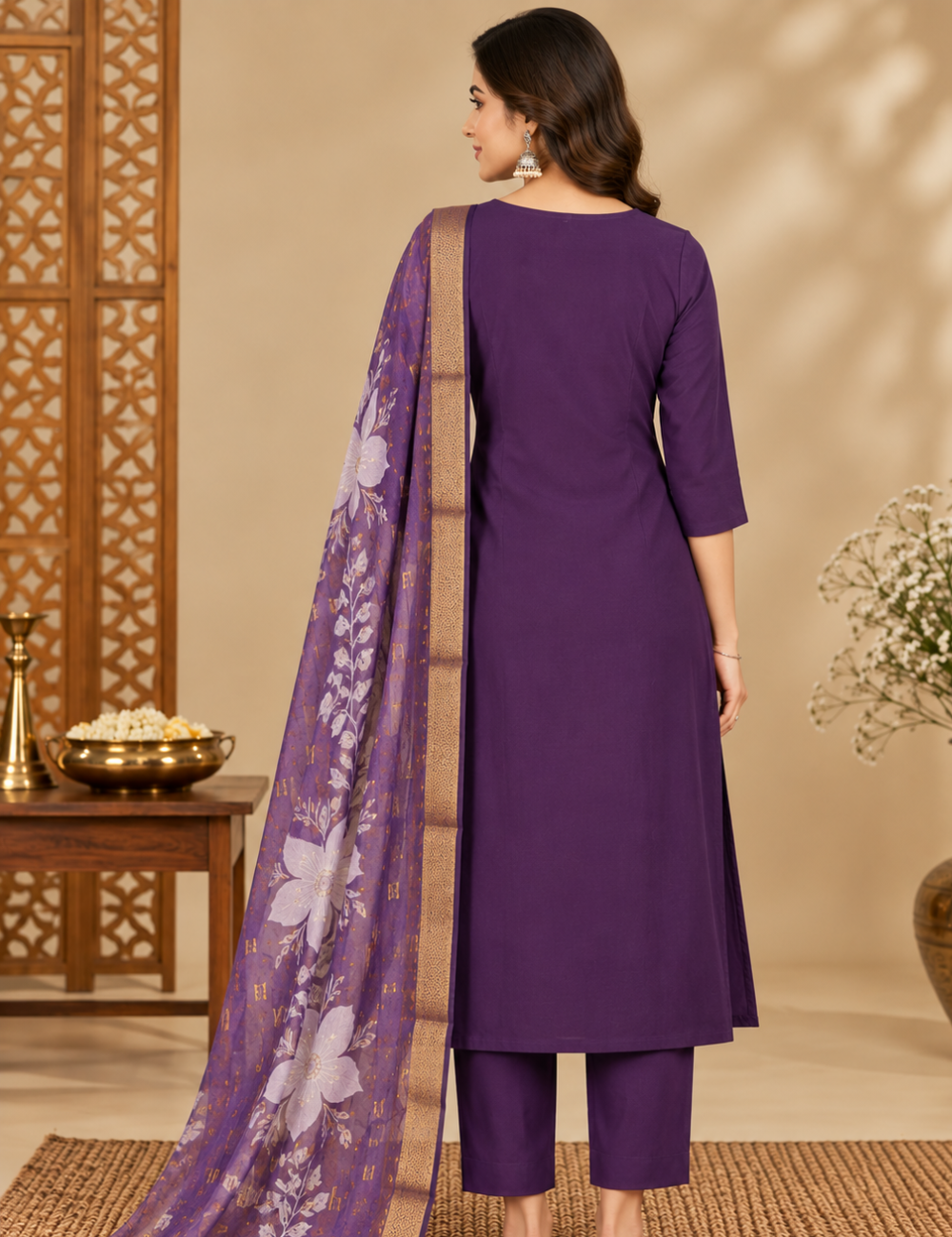 Deep Purple Roman Silk Floral Embroidered Kurti Set: Jacquard Digital Dupatta HC3P15