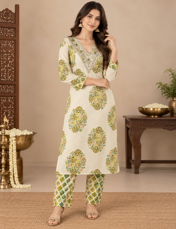 Elegant Dutch White Floral Printed & Embroidered Cotton Two-Piece Suit Set HC2P16