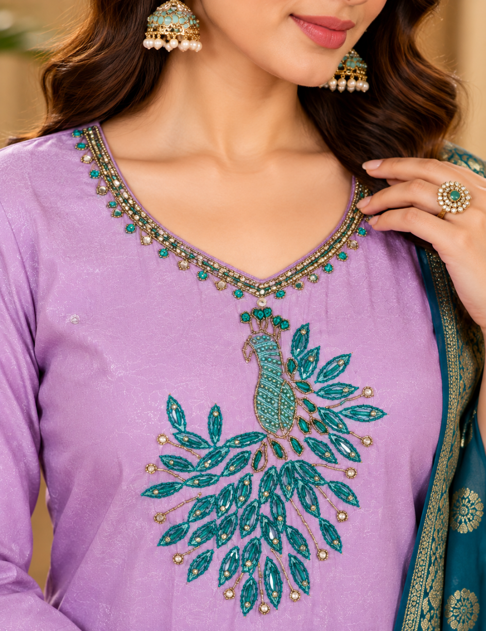 Pastel Voilet Roman Silk 3-Piece Kurti Set: Peacock Motif Embroidery & Zari-Bordered Dupatta HC3P11
