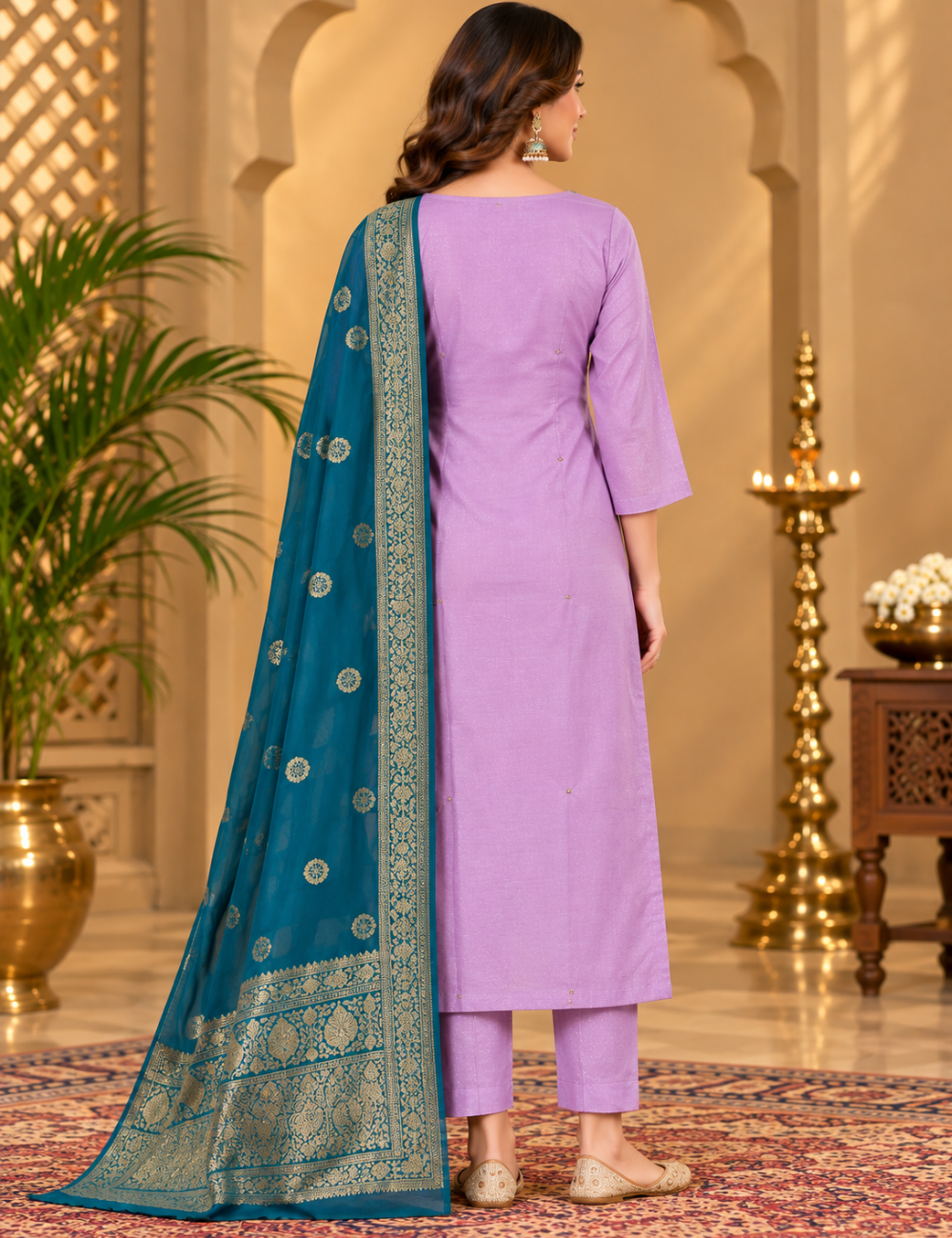 Pastel Voilet Roman Silk 3-Piece Kurti Set: Peacock Motif Embroidery & Zari-Bordered Dupatta HC3P11