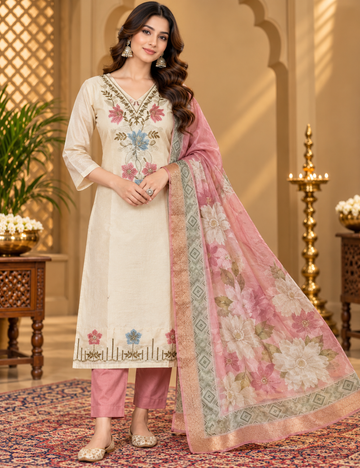 Off-White & Dusty Rose Roman Silk 3-Piece Kurti Set: Floral Yoke & Hem Embroidery & Floral Print Dupatta HC3P02