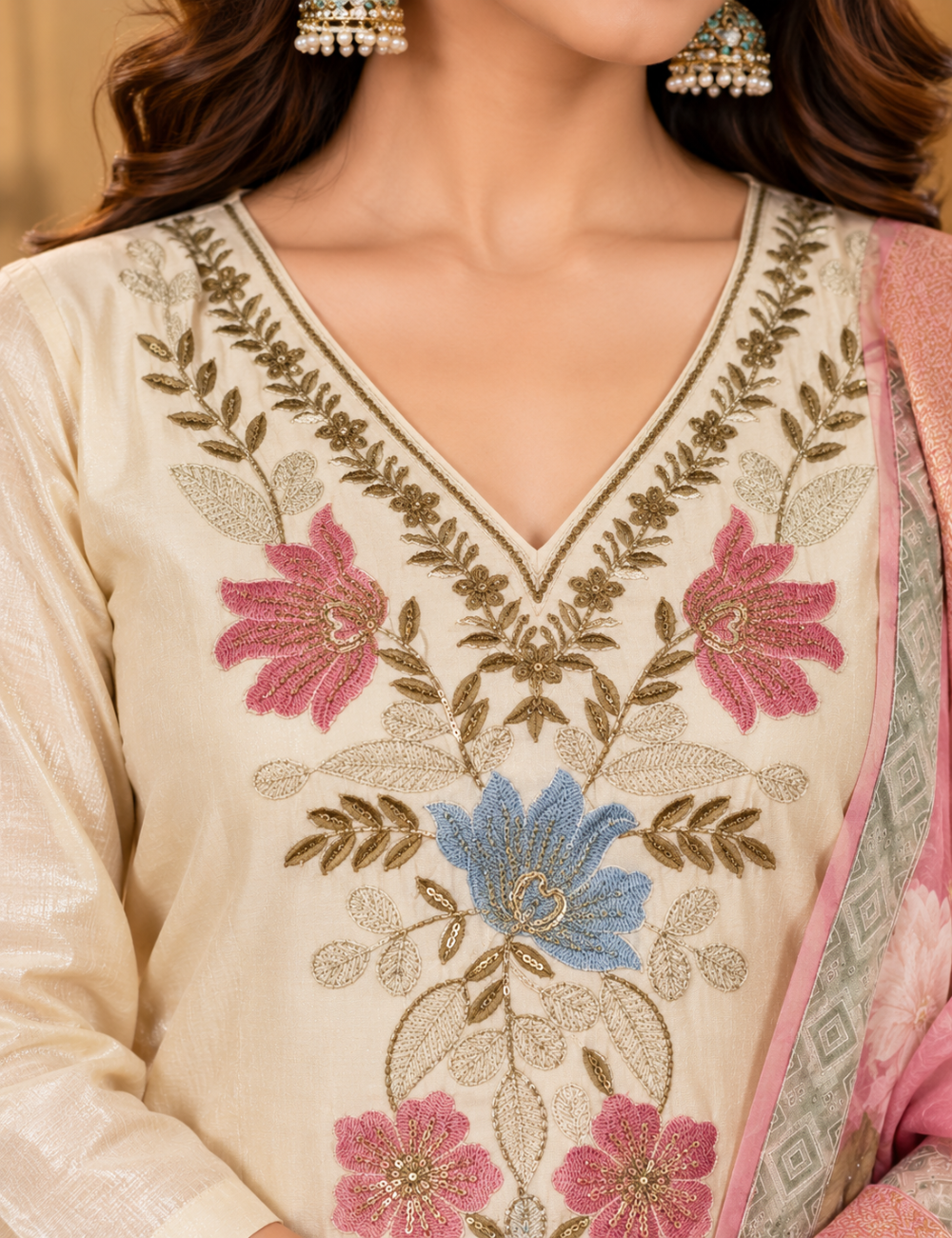Off-White & Dusty Rose Roman Silk 3-Piece Kurti Set: Floral Yoke & Hem Embroidery & Floral Print Dupatta HC3P02