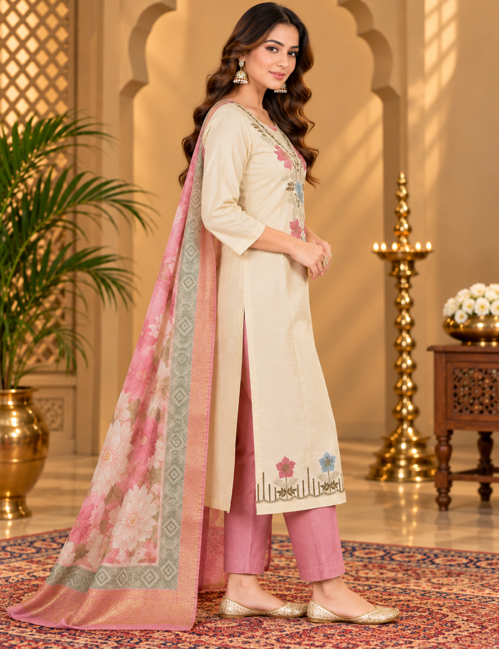 Off-White & Dusty Rose Roman Silk 3-Piece Kurti Set: Floral Yoke & Hem Embroidery & Floral Print Dupatta HC3P02
