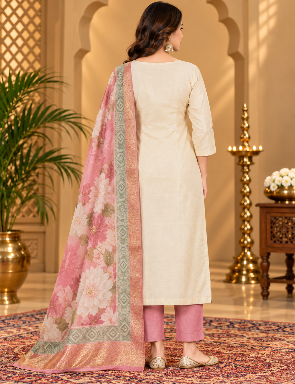 Off-White & Dusty Rose Roman Silk 3-Piece Kurti Set: Floral Yoke & Hem Embroidery & Floral Print Dupatta HC3P02