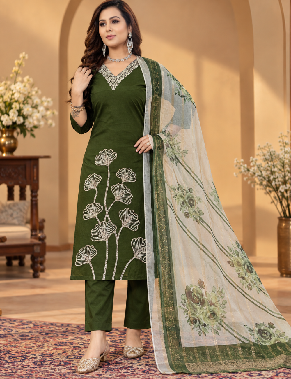 Olive Green Roman Silk 3-Piece Kurti Set: Ginko Leaf Hem Embroidery & Floral Print Dupatta HC3P10