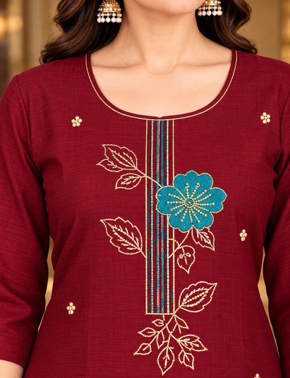 Maroon Side Cut Vichitra Kurti with Turquoise Blue and Olive Floral Embroidery With Lining HCK16