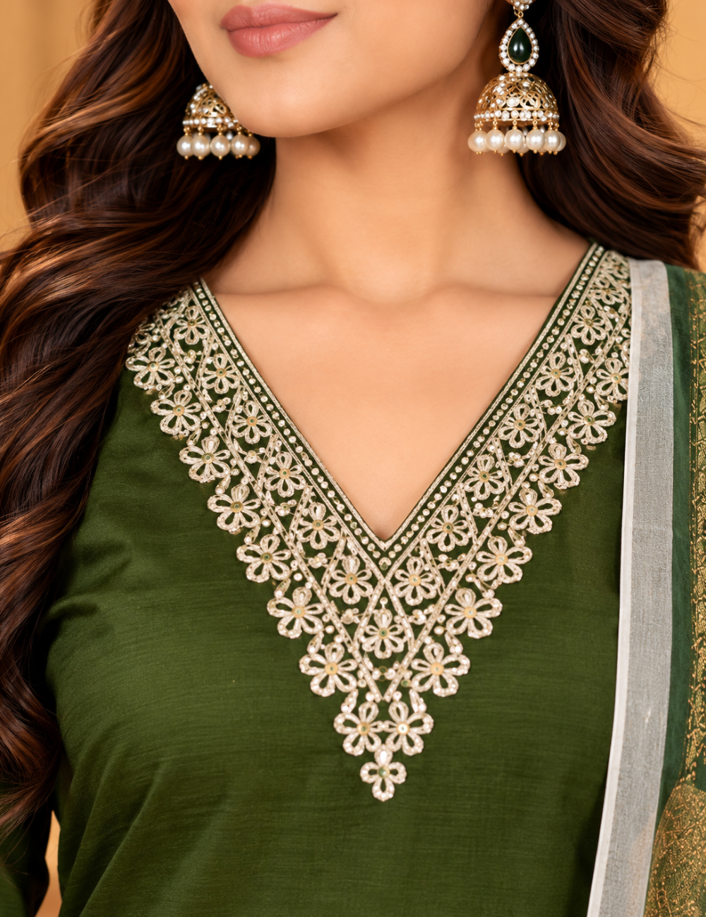 Olive Green Roman Silk 3-Piece Kurti Set: Ginko Leaf Hem Embroidery & Floral Print Dupatta HC3P10