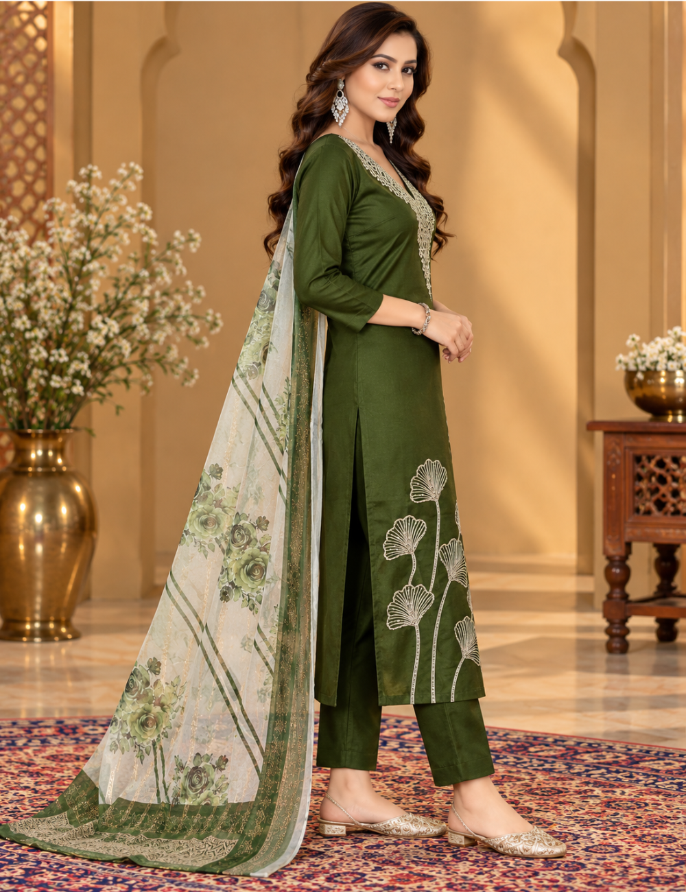 Olive Green Roman Silk 3-Piece Kurti Set: Ginko Leaf Hem Embroidery & Floral Print Dupatta HC3P10