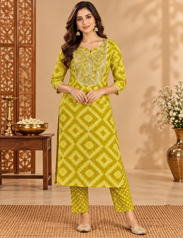 Lime Yellow Geometric Print 2 Piece Cotton Kurti with Notch Neckline & Zari Embroidery HC2P10