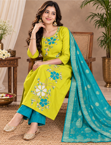 Lime Green & Teal Vatican 3-Piece Suit Set with Hand-Embroidered Floral Yoke & Contrast Banarasi-Style Dupatta HC3P09