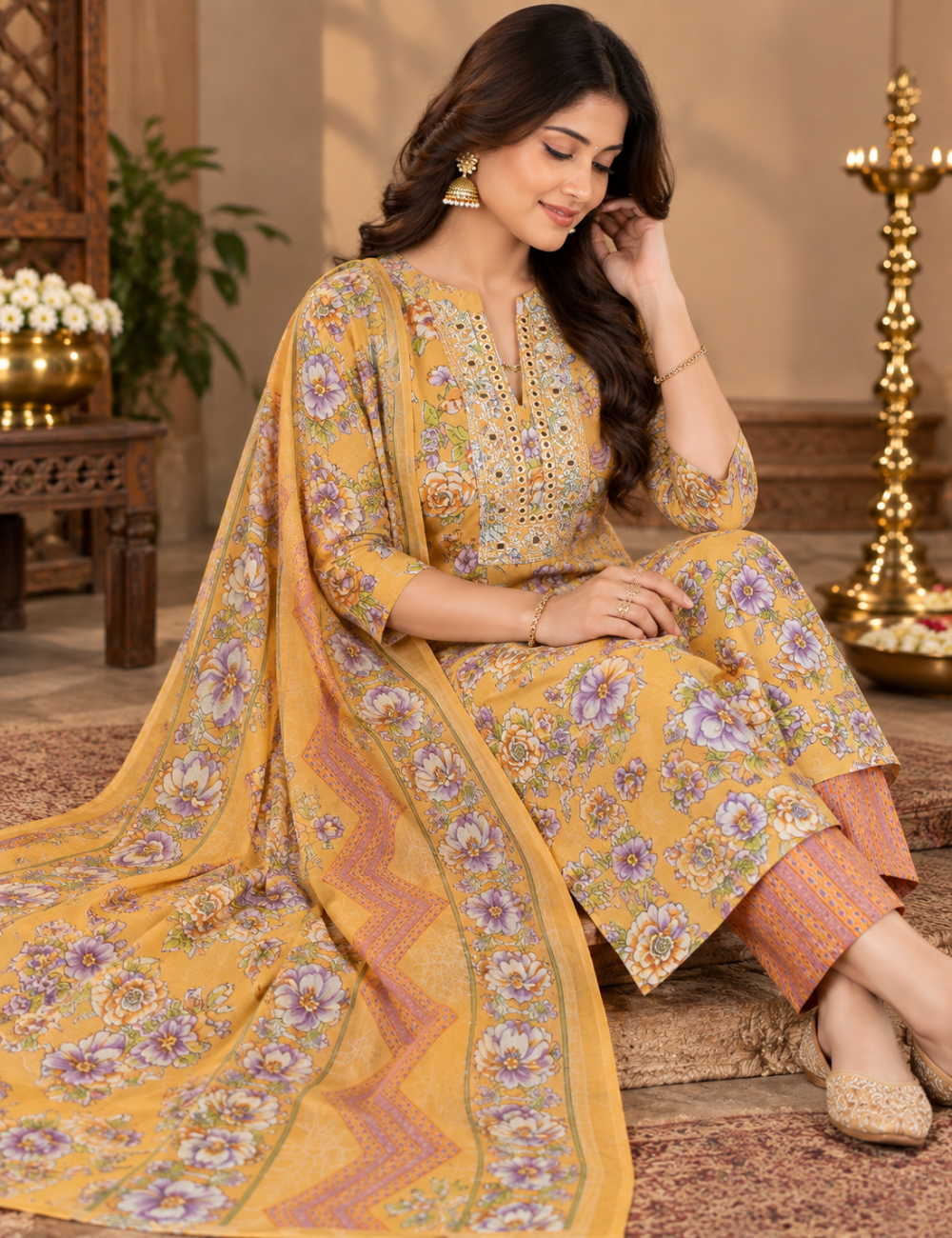 Orange Floral Printed Cotton 3-Piece Suit Set with Mirror-Work Yoke and Matching Dupatta HC3P33