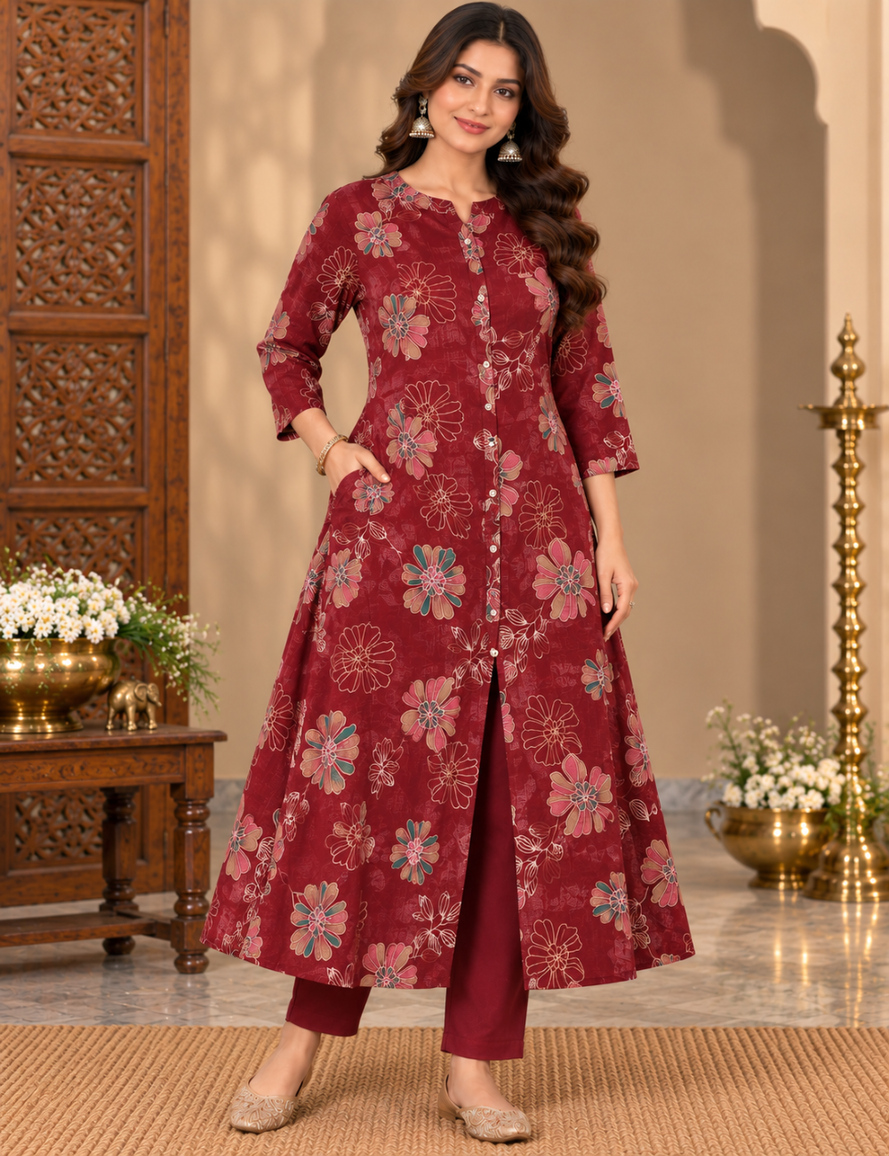 Vatican 2 Piece Floral Printed 3/4-Sleeve Kurti Set with Mandarin Collar, Button Placket, and Matching Trousers HC2P07