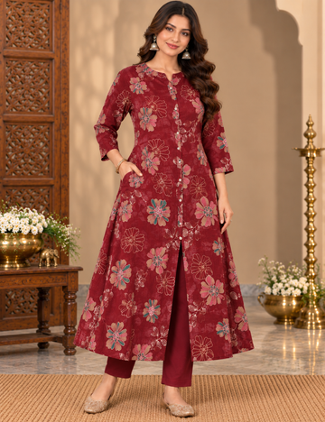 Vatican 2 Piece Floral Printed 3/4-Sleeve Kurti Set with Mandarin Collar, Button Placket, and Matching Trousers HC2P07