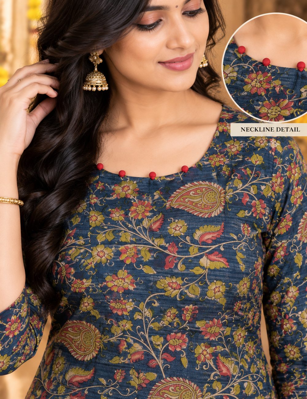 Navy Blue Floral Printed Tissue Fabric Straight Kurti with Lining HCK19