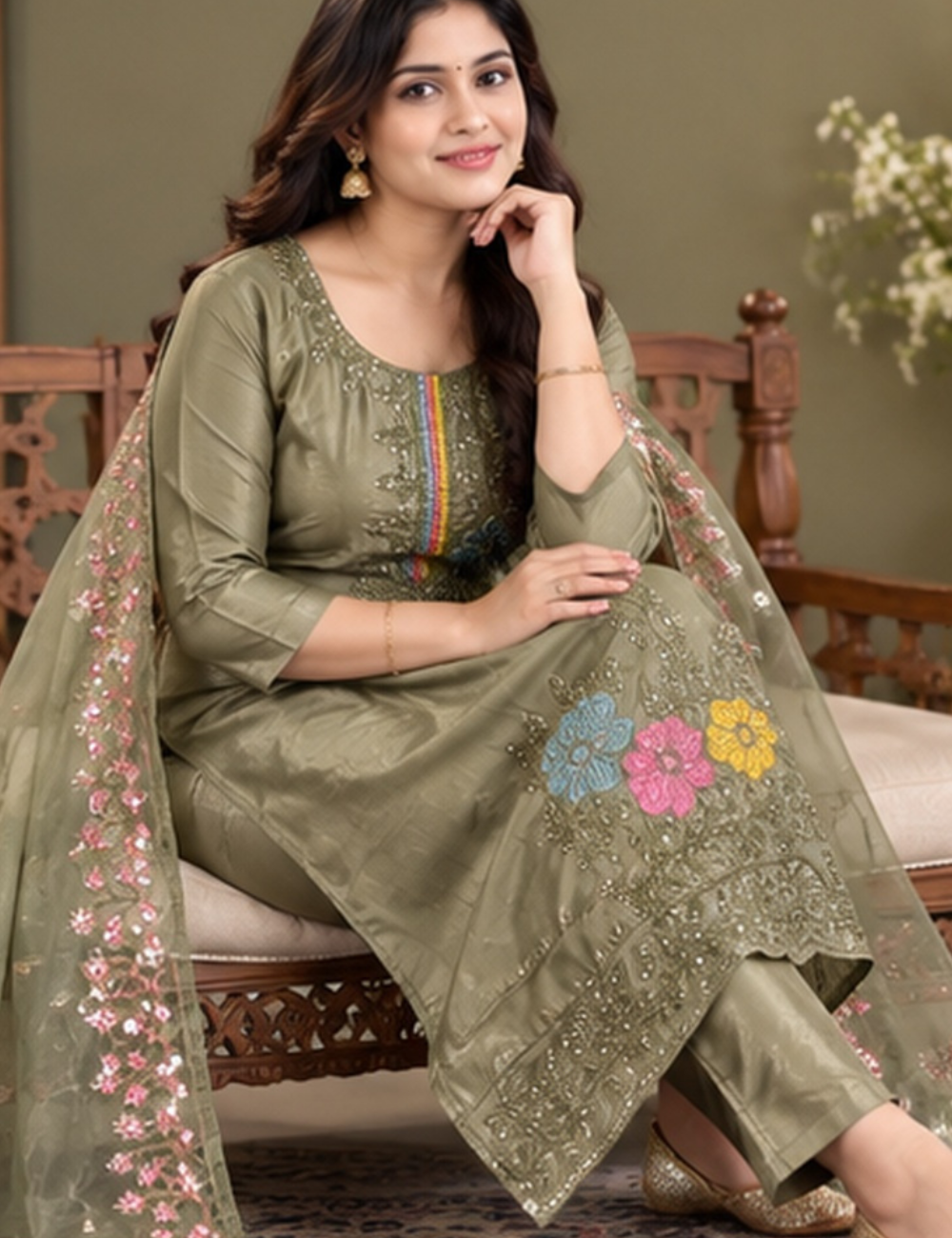 GrayCopper shade Embroidered glassy Silk Blend 3-Piece Ethnic Suit Set with Floral Matching Dupatta HC3P18