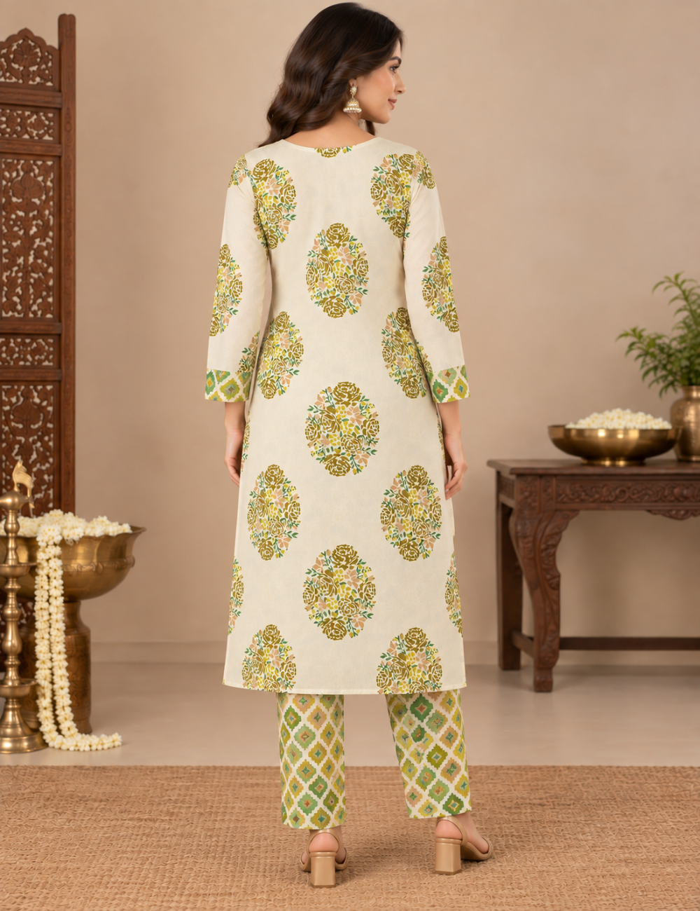 Elegant Dutch White Floral Printed & Embroidered Cotton Two-Piece Suit Set HC2P16