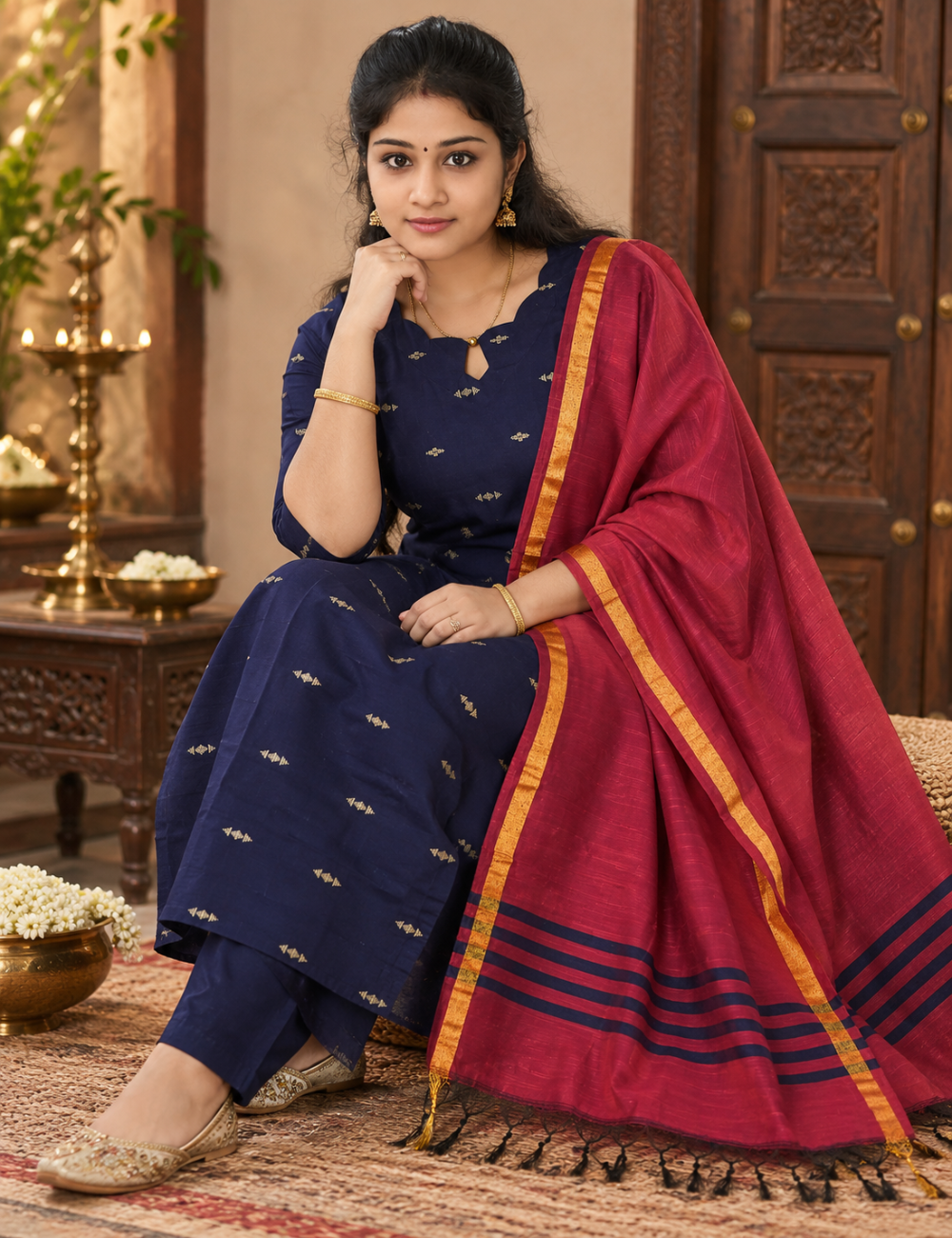 Navy Blue Raw Silk 3-Piece Set: Scalloped Neckline & Contrast Dupatta HC3P36