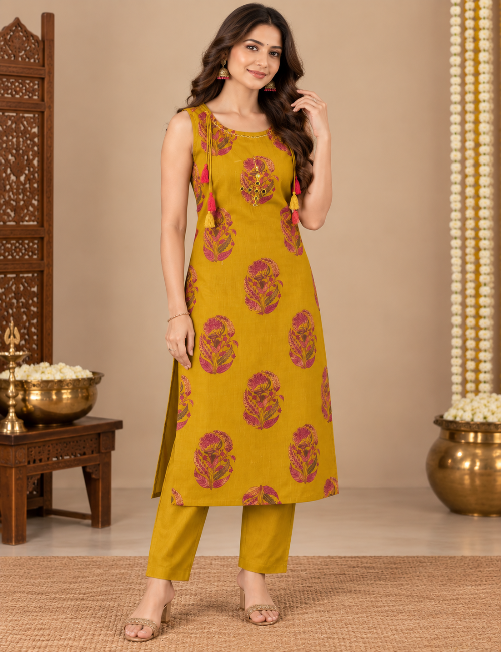 Mustard Yellow Cotton Floral Printed Sleeveless Kurti Set with Neck Mirror Work and Tassels HC2P15