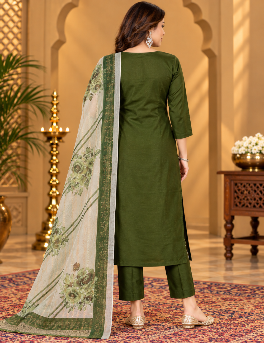Olive Green Roman Silk 3-Piece Kurti Set: Ginko Leaf Hem Embroidery & Floral Print Dupatta HC3P10