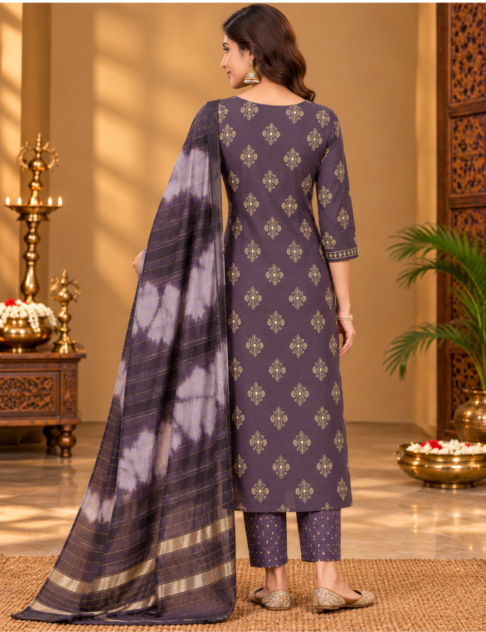 Light Mauve Rayon 3-Piece Kurti Set: Foil Print Motifs, Embroidered Placket &Tie-Dye Dupatta HC3P04