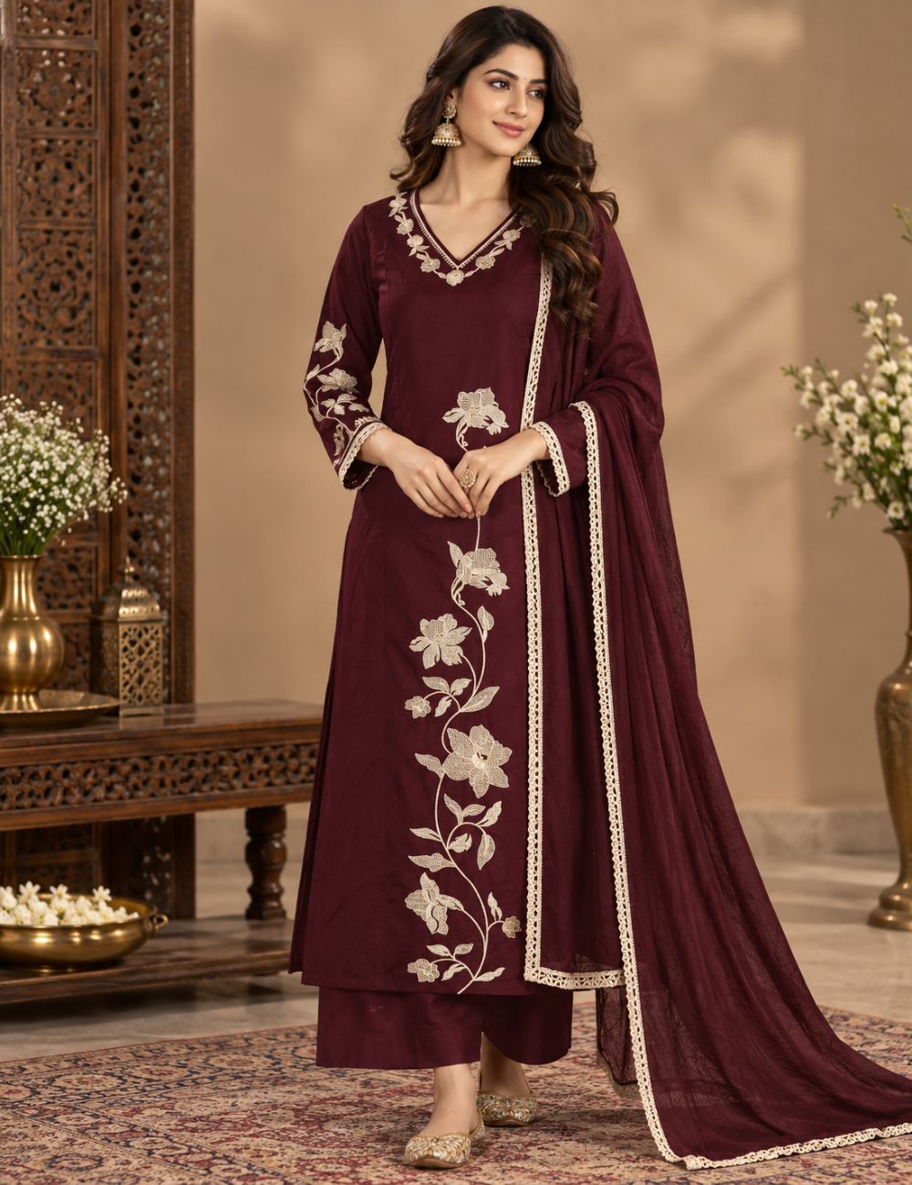 Dark Maroon Floral Thread Embroidered Dabbu Cotton 3-Piece Suit Set with Matching Dupatta HC3P32