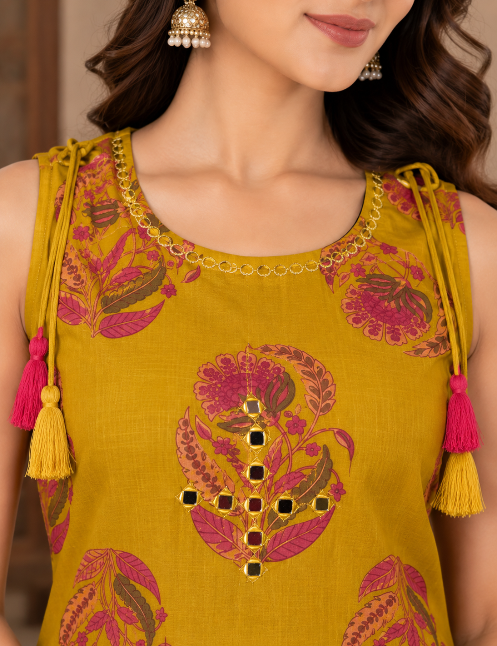 Mustard Yellow Cotton Floral Printed Sleeveless Kurti Set with Neck Mirror Work and Tassels HC2P15