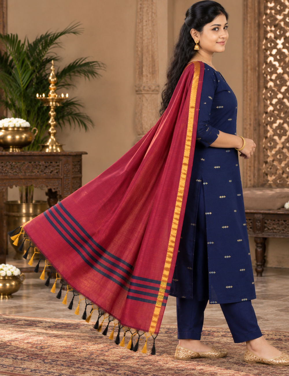 Navy Blue Raw Silk 3-Piece Set: Scalloped Neckline & Contrast Dupatta HC3P36