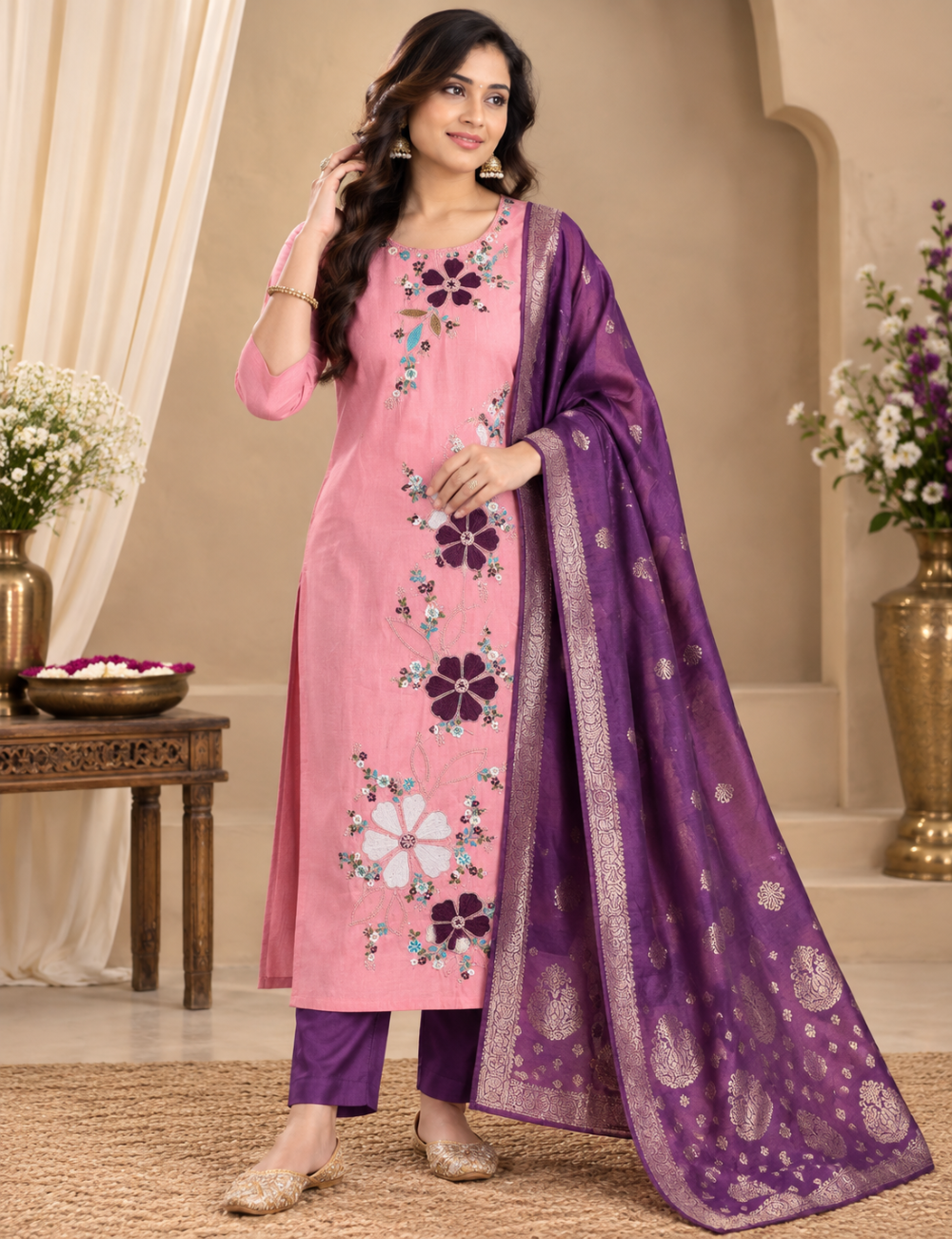 Pastel Pink & Purple Vatican Silk 3-Piece Suit Set with Hand-Embroidered Floral Yoke & Contrast Banarasi-Style Dupatta HC3P08