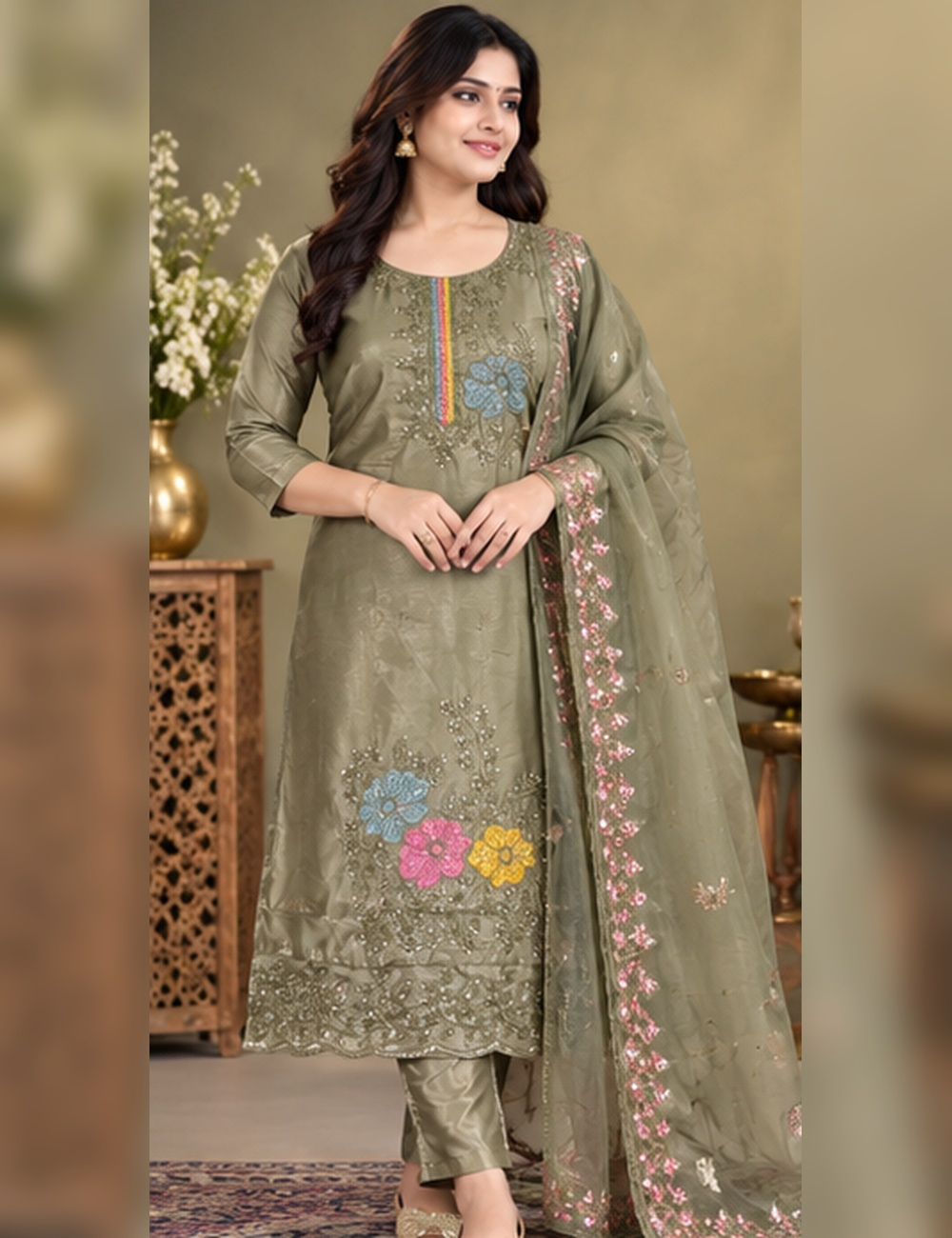 GrayCopper shade Embroidered glassy Silk Blend 3-Piece Ethnic Suit Set with Floral Matching Dupatta HC3P18