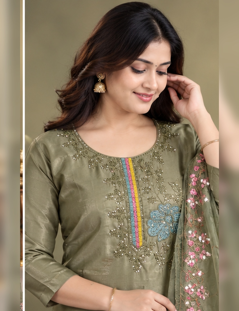 GrayCopper shade Embroidered glassy Silk Blend 3-Piece Ethnic Suit Set with Floral Matching Dupatta HC3P18