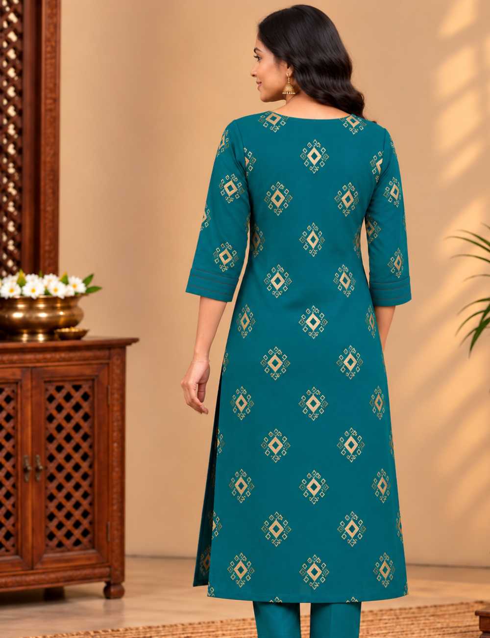 Rama Blue Avaasa Side Cut Kurti with Traditional Peacock & Floral Embroidery HCK26