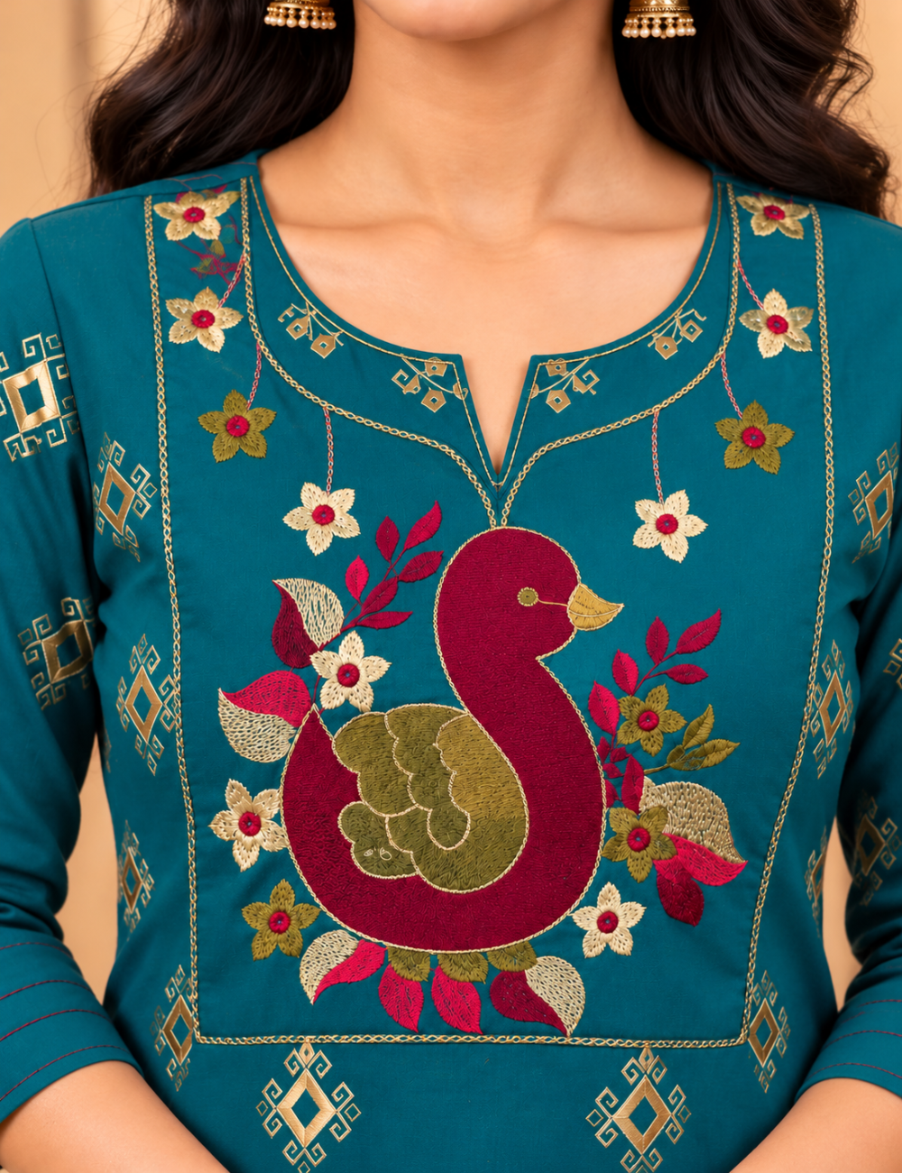 Rama Blue Avaasa Side Cut Kurti with Traditional Peacock & Floral Embroidery HCK26