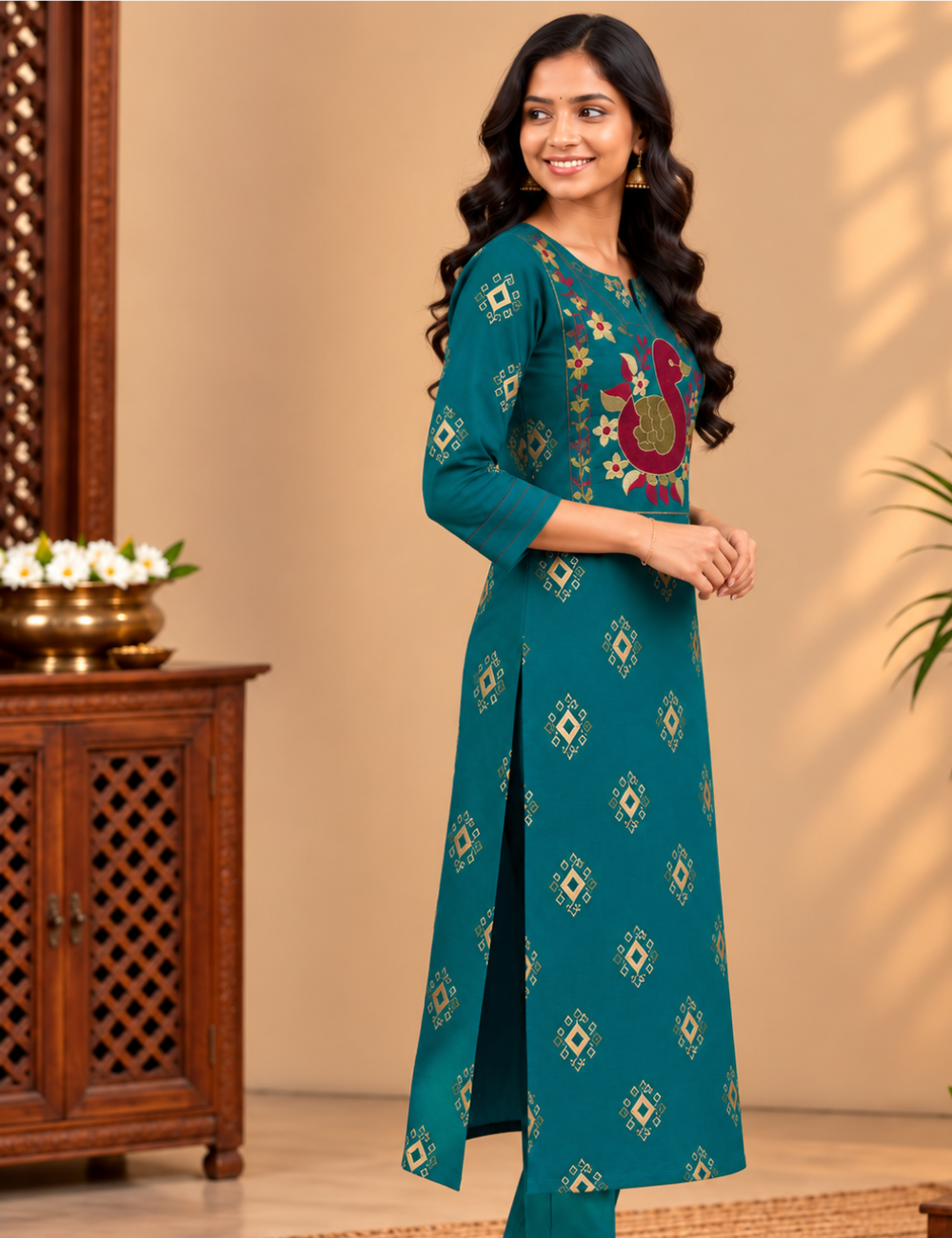 Rama Blue Avaasa Side Cut Kurti with Traditional Peacock & Floral Embroidery HCK26