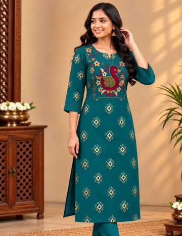 Rama Blue Avaasa Side Cut Kurti with Traditional Peacock & Floral Embroidery HCK26