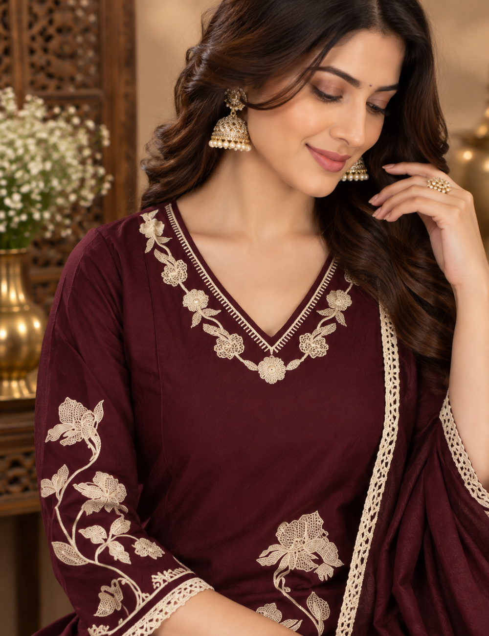Dark Maroon Floral Thread Embroidered Dabbu Cotton 3-Piece Suit Set with Matching Dupatta HC3P32