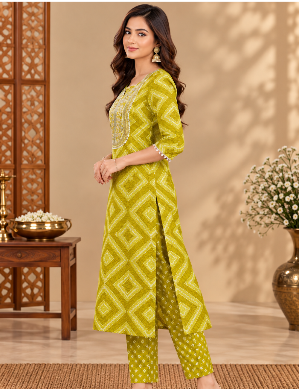 Lime Yellow Geometric Print 2 Piece Cotton Kurti with Notch Neckline & Zari Embroidery HC2P10