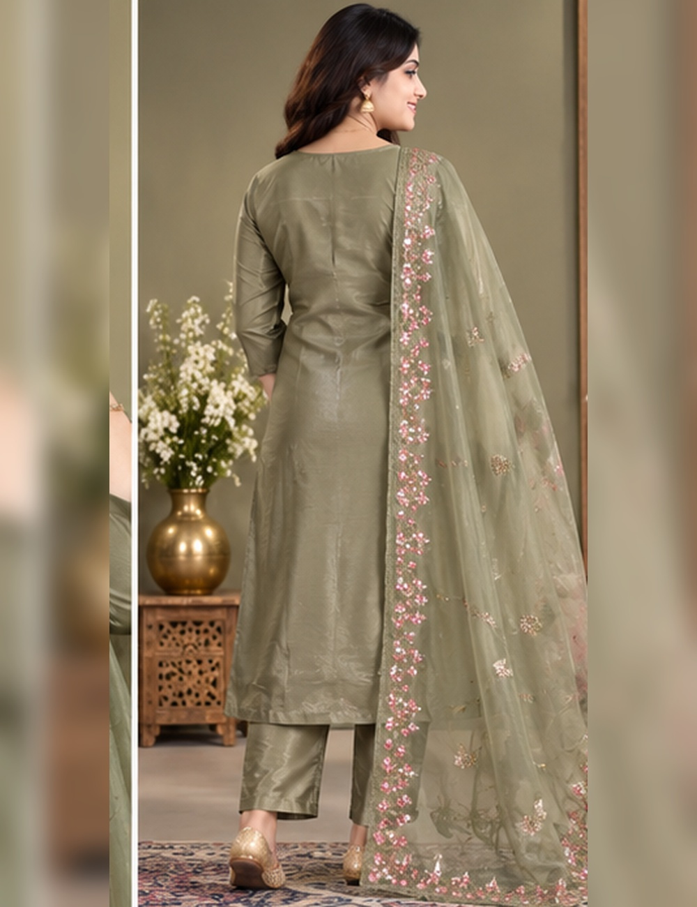 GrayCopper shade Embroidered glassy Silk Blend 3-Piece Ethnic Suit Set with Floral Matching Dupatta HC3P18