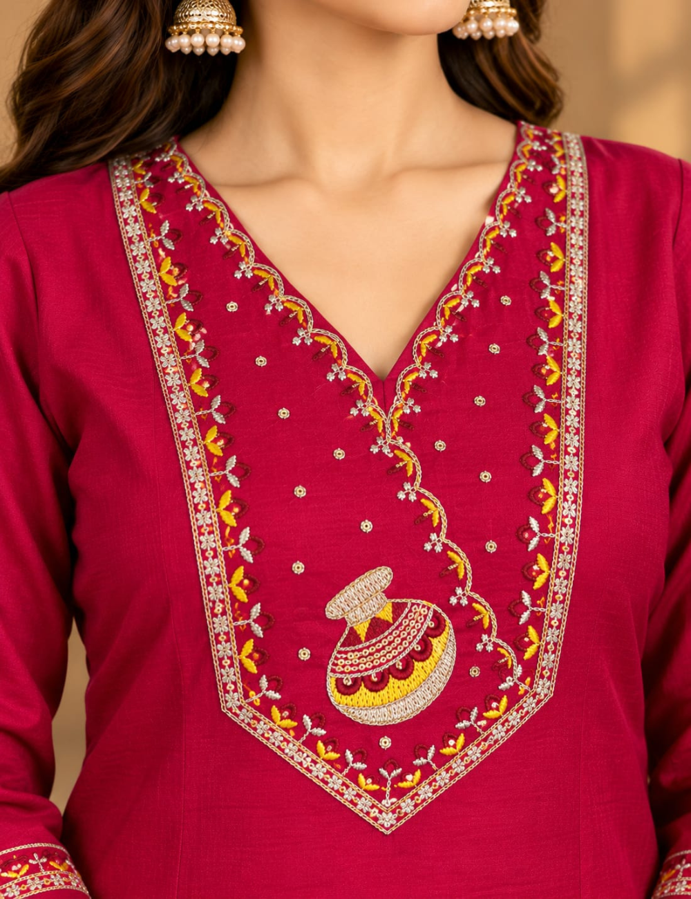 Crimson Red Vichitra Side Cut Kurti with Traditional Pot Motif Yoke Embroidery with Lining HCK42